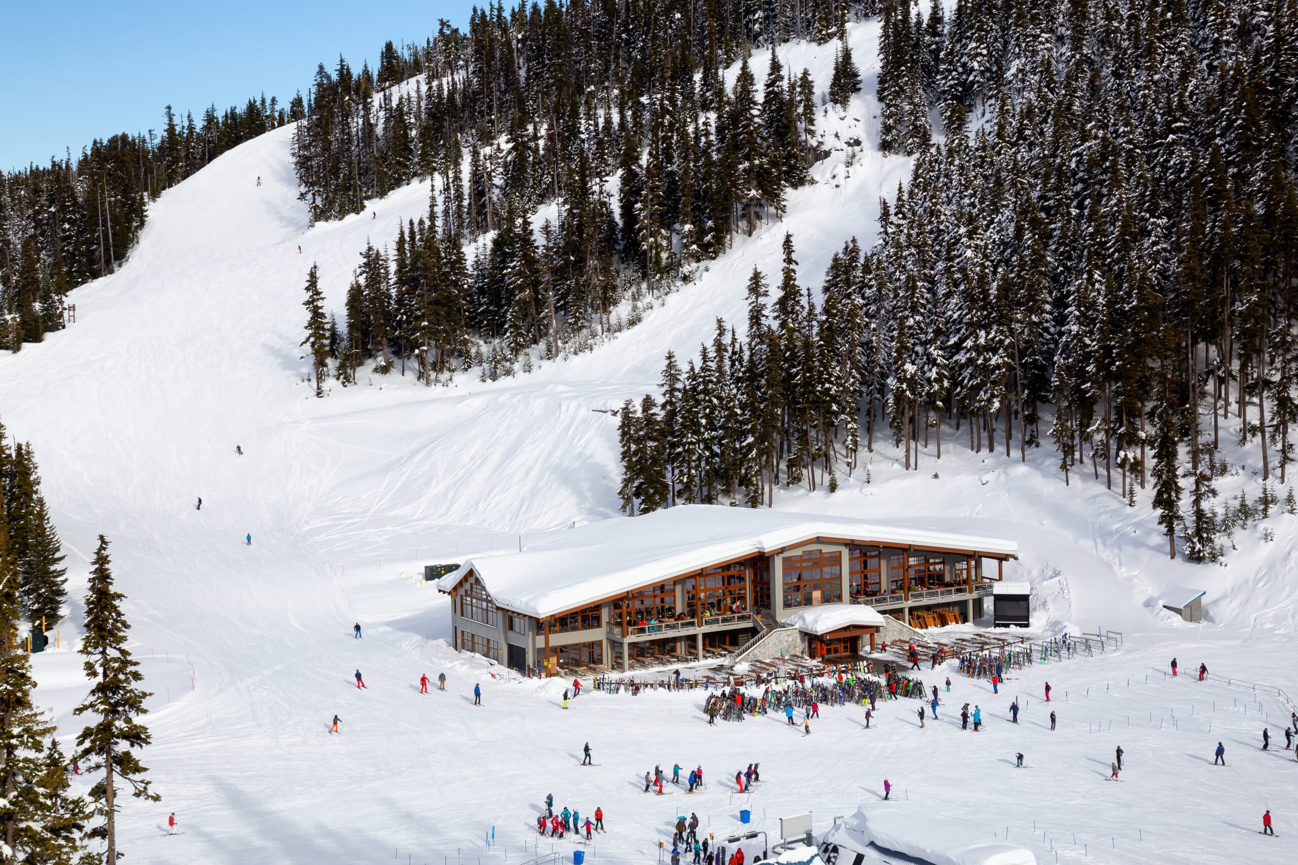 Ski lodge with lots of skiers